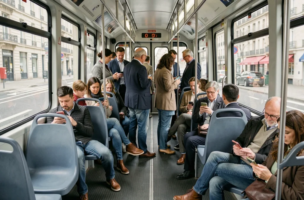 Intérieur d'un tramway de Nantes avec des passagers assis et debout lors d'un trajet quotidien en semaine