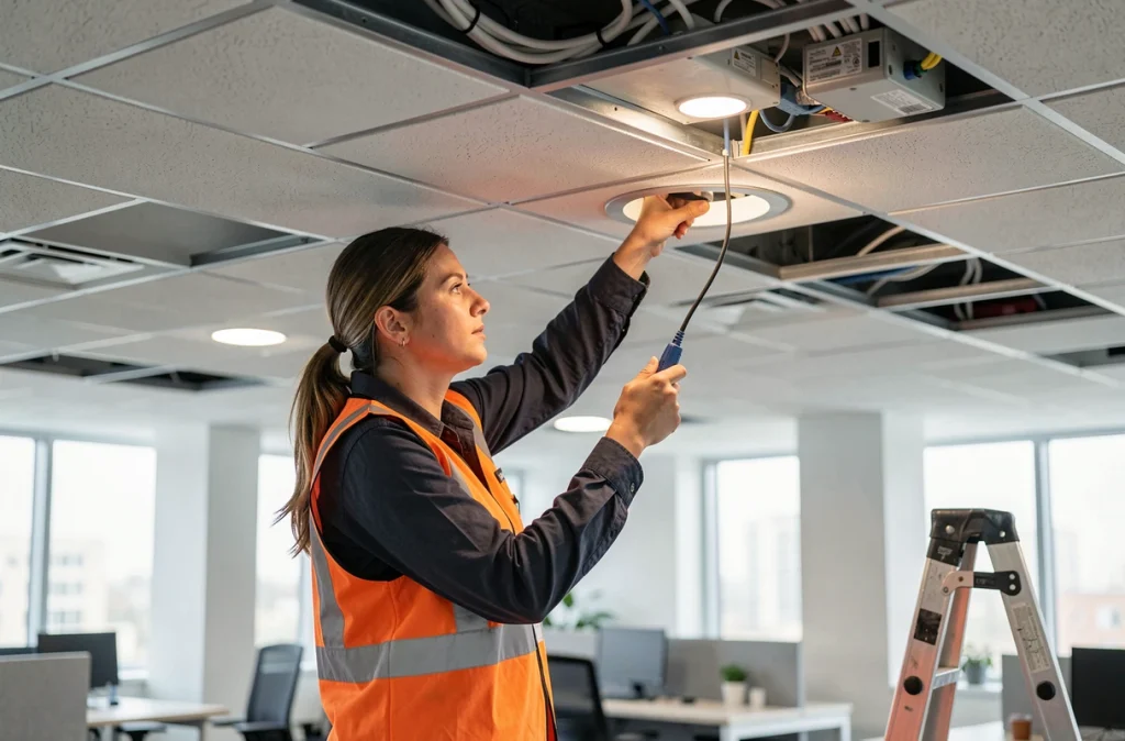 Électricienne Jannelec installant des spots LED encastrés dans un bureau moderne, perchée sur un escabeau