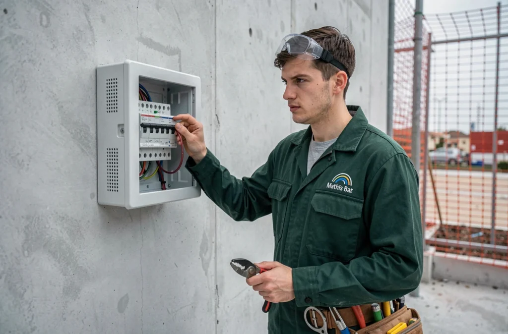 Électricien Mathis Bat inspectant un tableau de disjoncteurs fraîchement installé sur un chantier moderne à Marseille