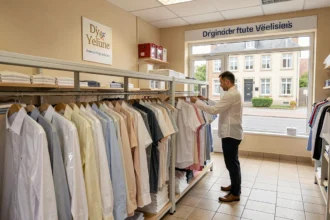 Intérieur d'un pressing professionnel dans les Yvelines avec des vêtements suspendus sous housses transparentes et un employé au comptoir