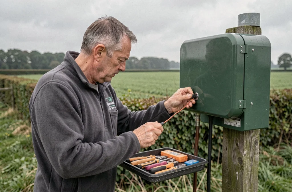 Électricien Normandie Elec Services contrôlant un coffret électrique extérieur sur poteau en milieu rural dans l'Orne