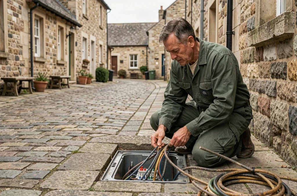 Électricien Porte Electricité intervenant sur un coffret de connexion souterrain dans une rue pavée normande