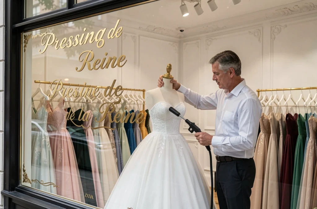 Employé du Pressing de la Reine vaporisant une robe de soirée sur un mannequin dans une boutique élégante
