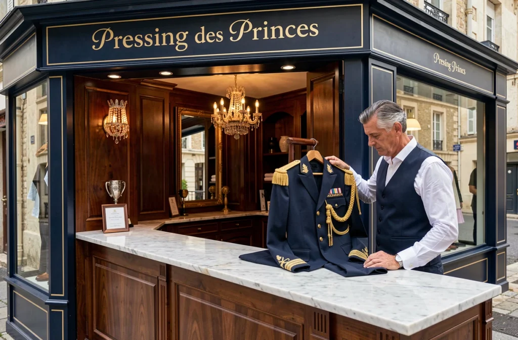 Employé du Pressing des Princes présentant un uniforme cérémonial repassé sur cintre dans une boutique de pressing haut de gamme aux Yvelines