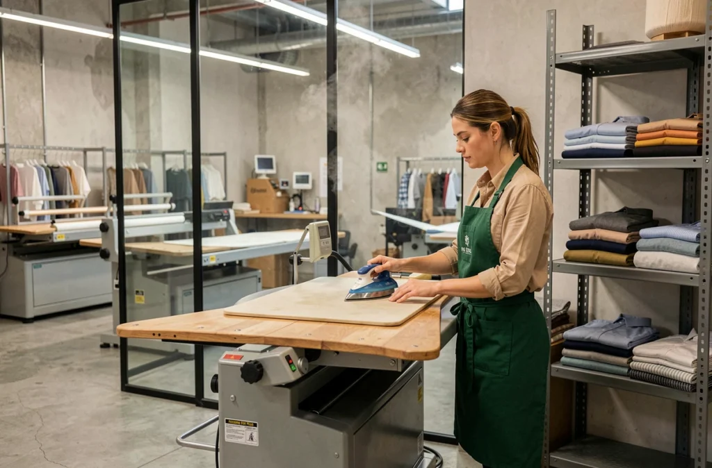 Technicienne du Pressing Fer Plus utilisant une machine à repasser professionnelle avec de la vapeur dans un atelier moderne