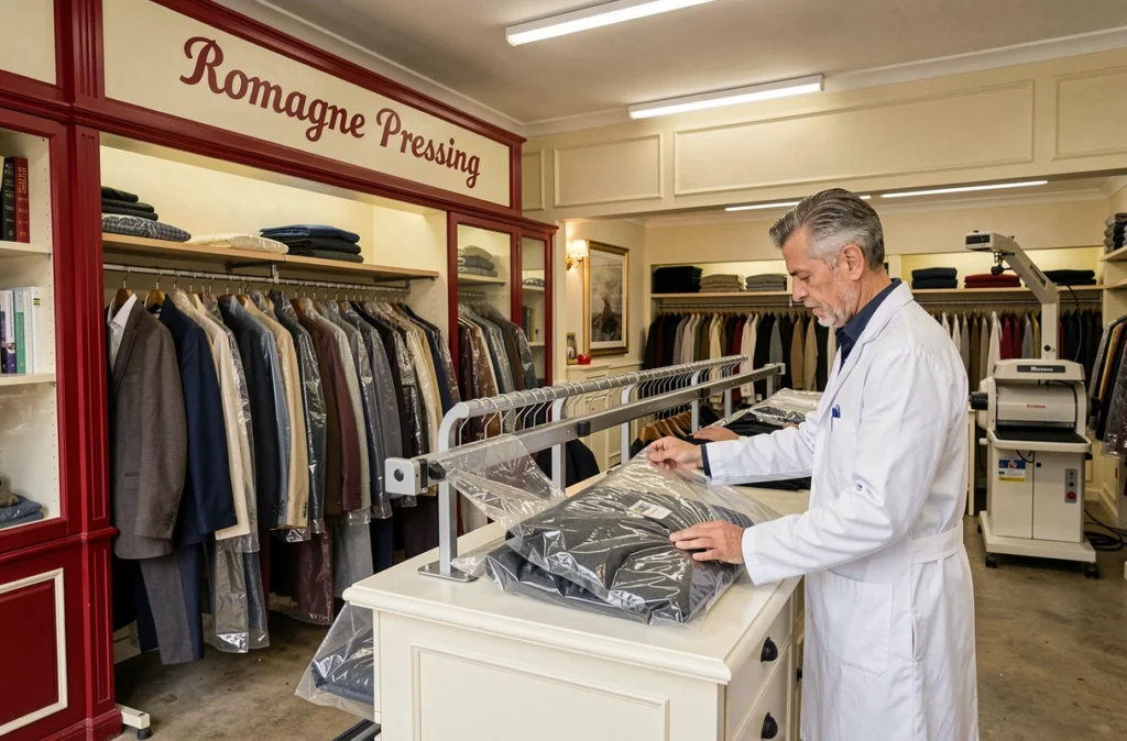 Employé de Romagne Pressing emballant soigneusement un costume en laine fraîchement repassé dans une housse transparente
