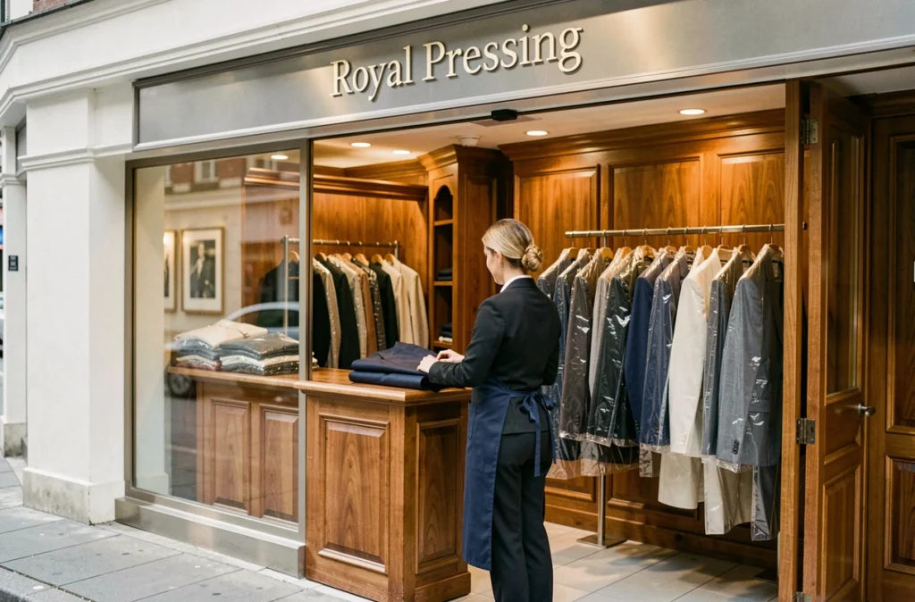 Employée du Royal Pressing inspectant un vêtement soigneusement repassé derrière le comptoir de la boutique