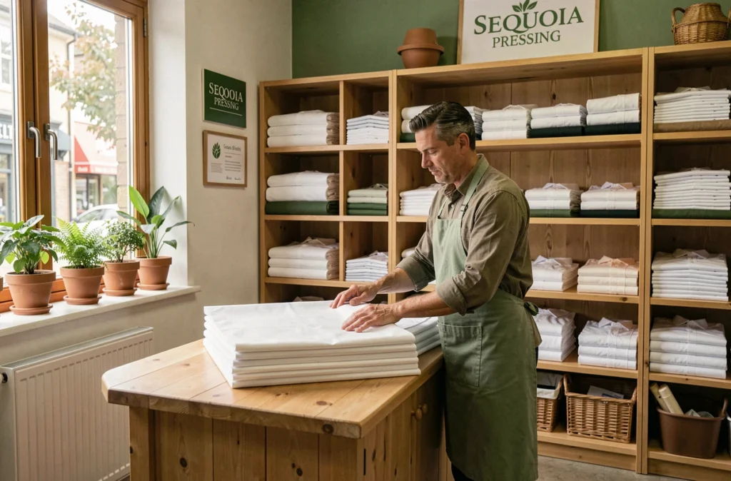 Employé de Sequoia Pressing pliant des nappes repassées dans une boutique aux tons naturels et boisés