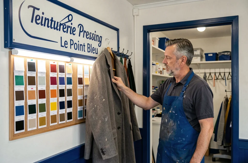 Teinturier de La Teinturerie Pressing Le Point Bleu inspectant la couleur d'un manteau fraîchement teint devant un panneau lumineux