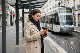 Voyageuse consultant son smartphone sur un arrêt de tramway à Nantes sous un ciel nuageux, avec un tram arrivant en arrière-plan