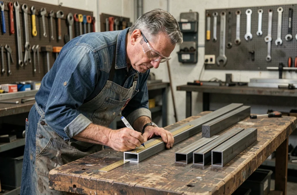Artisan métallurgiste mesurant un tube en acier carré dans un atelier de fabrication métallique, entouré de sections de tube découpées prêtes à être assemblées