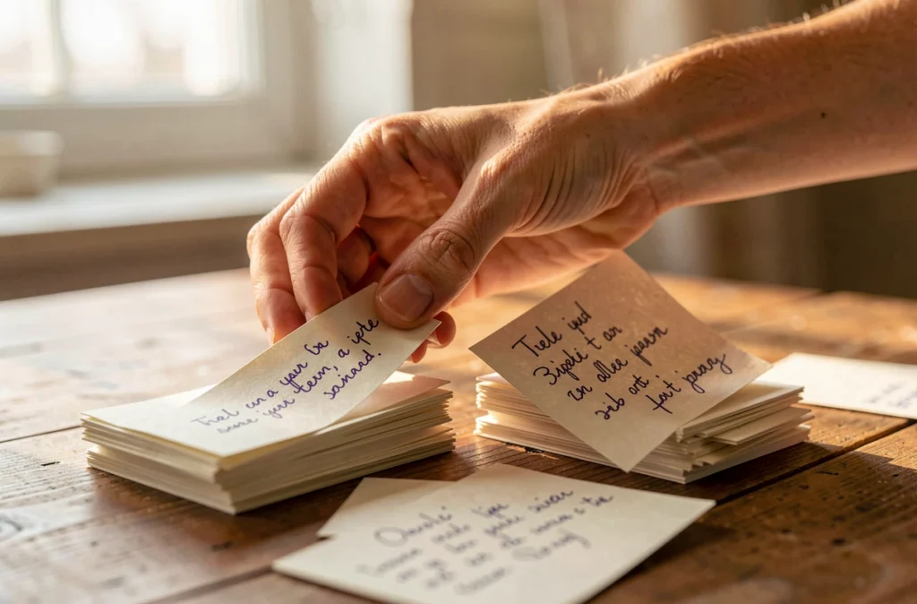 Cartes de noms triées en deux piles sur une table de travail