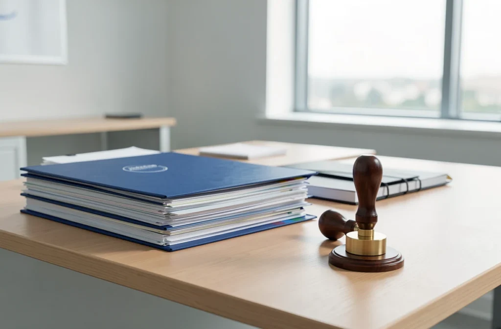 Dossiers administratifs et tampon posés sur un bureau de bureau