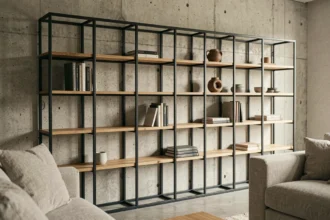 Structure en tube acier carré apparent formant une étagère design industrielle avec des planches en chêne naturel, montée sur un mur en béton brut dans un salon moderne