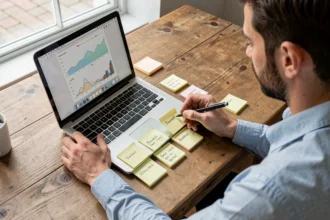 Notes de noms d'entreprise posées sur un bureau à côté d'un ordinateur portable